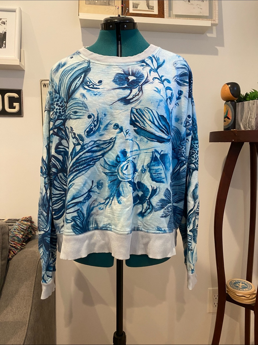 Anthropologie Blue Floral Crewneck Sweatshirt